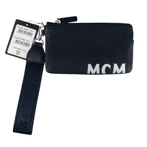 MCM New With Tags Logo Navy Leather Large Zipped Wristlet Wallet